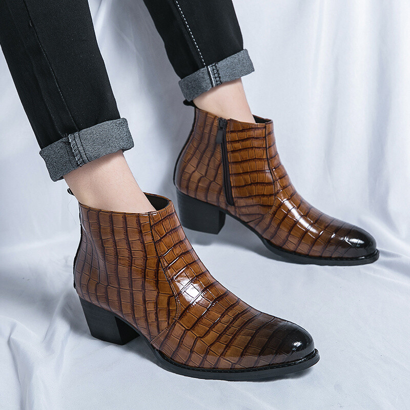 Klasické hnedé pánske spoločenské čižmy, elegantné špicaté čižmy na vysokom podpätku pre mužov, kožené vysoké členkové topánky na zips