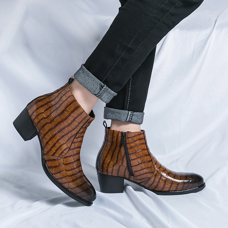 Klasické hnedé pánske spoločenské čižmy, elegantné špicaté čižmy na vysokom podpätku pre mužov, kožené vysoké členkové topánky na zips