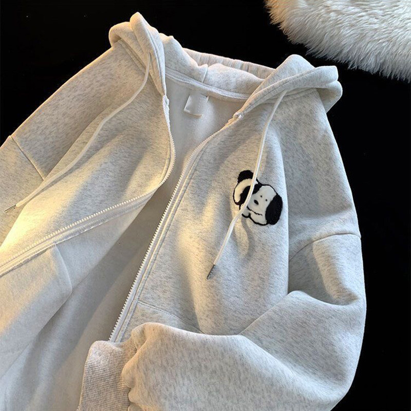 Ženske estetske majice s kapuljačom Sive majice s printom psića Y2K Jesenske vintage velike majice s patentnim zatvaračem s džepovima za tinejdžere