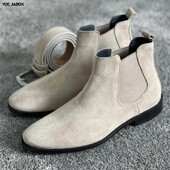 Cizme chelsea pentru bărbați de culoare bej, cu vârf rotund, pantofi de afaceri slip-on, cizme pentru bărbați lucrate manual, toamnă iarnă