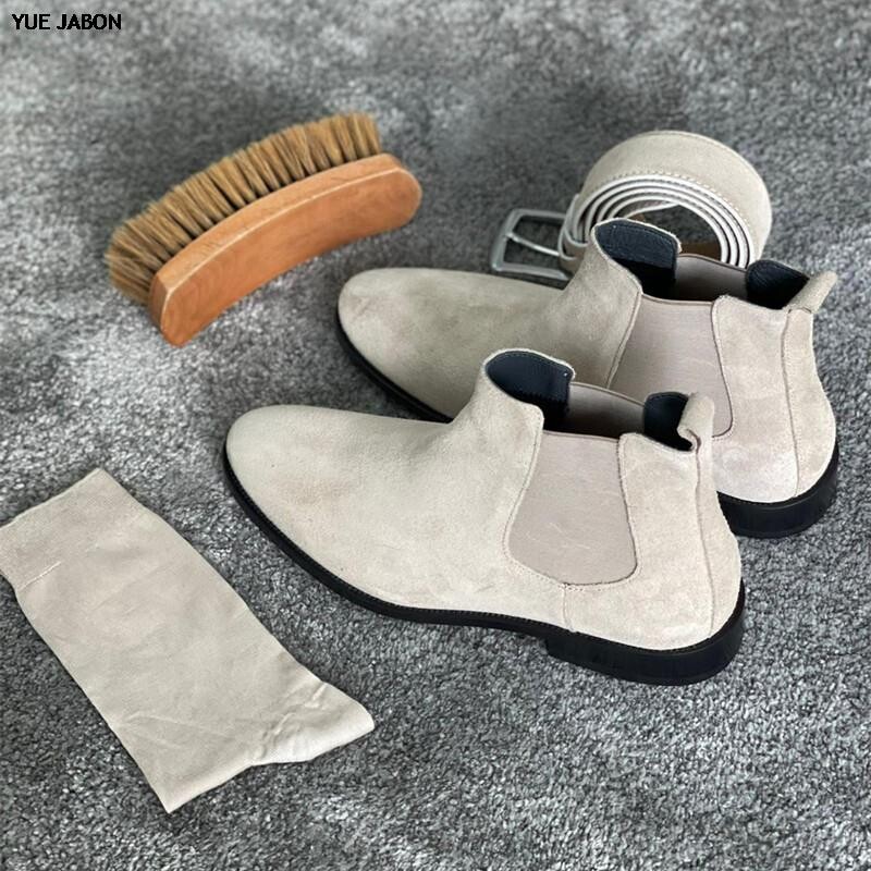 Cizme chelsea pentru bărbați de culoare bej, cu vârf rotund, pantofi de afaceri slip-on, cizme pentru bărbați lucrate manual, toamnă iarnă