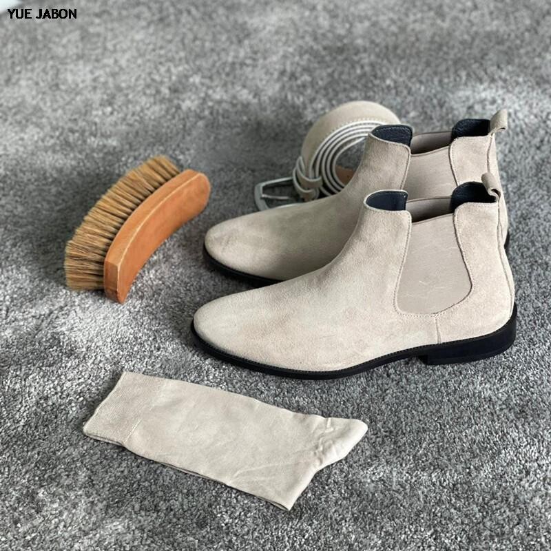 Cizme chelsea pentru bărbați de culoare bej, cu vârf rotund, pantofi de afaceri slip-on, cizme pentru bărbați lucrate manual, toamnă iarnă
