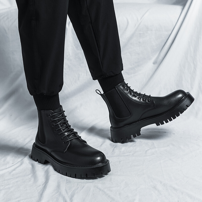 Vīriešu zābaki Jaunas lielas galvas ādas kurpes rudens un ziemas augstas augšdaļas šņores Bieza zole Izturīga Eiropas melna Izmēri 38-44 Vīriešu apavi