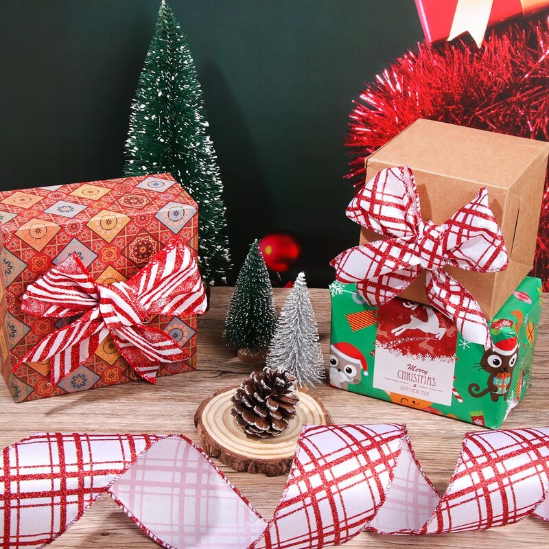 Crveno-bijeli DIY pribor za zamatanje za božićno drvce Ukrasi za božićno drvce Ožičena rubna vrpca Božićne mašne Ukras za sobu