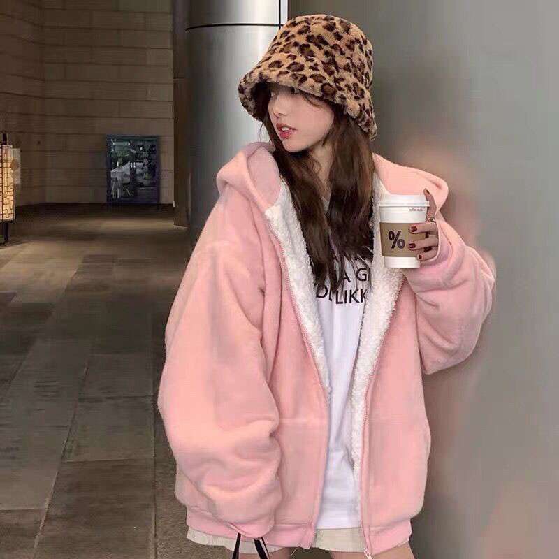 Xpqbb Pink Plus Dukserice s kapuljačom od baršuna Ženske jesenske i zimske tople majice s patentnim zatvaračem Ženske korejske studentice Kaput od janjeće vune