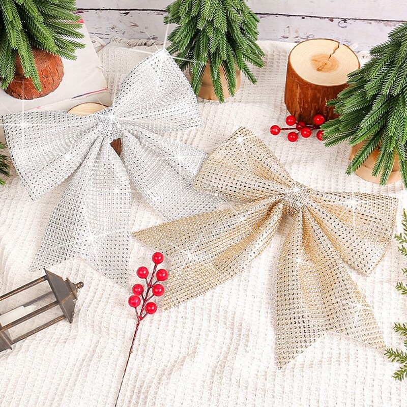 Pânză de Crăciun Sparkling Diamond Arc Rafinat Handmade Pandabil cu fundă mare Pandantiv pentru brad de Crăciun