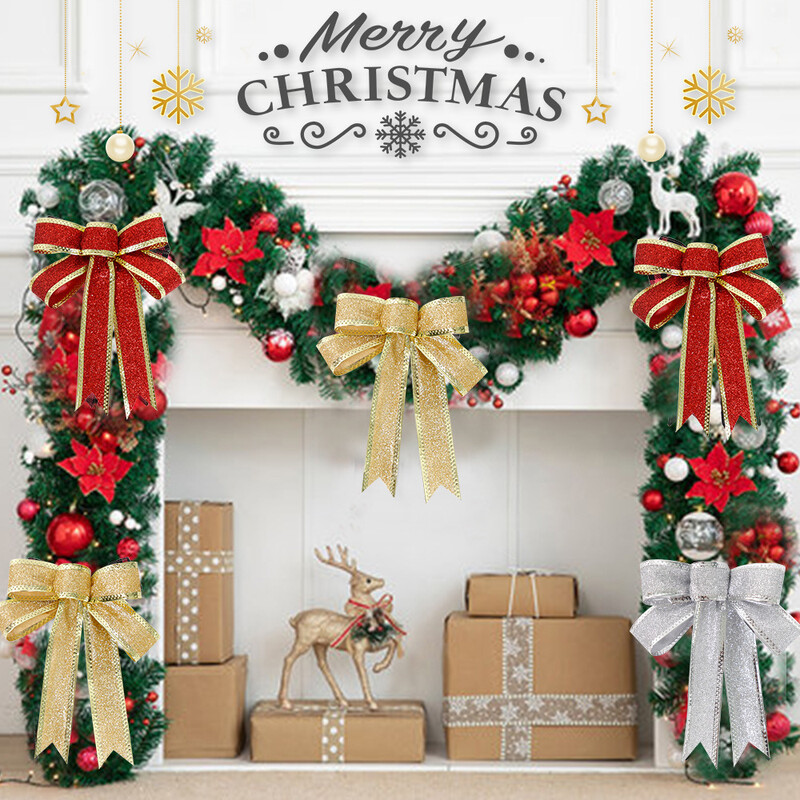 2 boje, 15 cm, crveno zlato, svjetlucava božićna vrpca, mašna, ukras za božićno drvce, ručno rađen božićni ukras