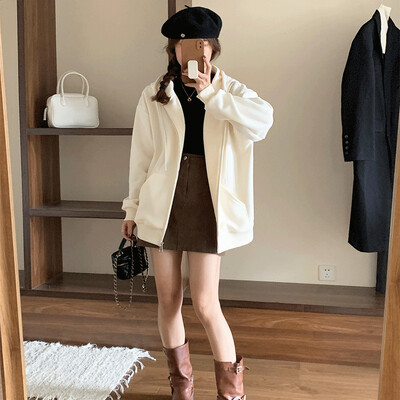 Korejski stil Proljeće Jesen Ženski kaput Ružičasti kardigan s kapuljačom i patentnim zatvaračem Lazy Style Ležerna svestrana jakna u fakultetskom stilu