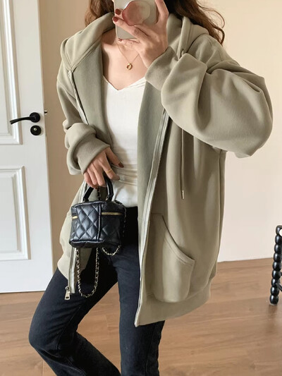 Korejski stil Proljeće Jesen Ženski kaput Ružičasti kardigan s kapuljačom i patentnim zatvaračem Lazy Style Ležerna svestrana jakna u fakultetskom stilu