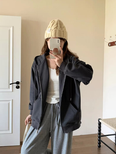 Korejski stil Proljeće Jesen Ženski kaput Ružičasti kardigan s kapuljačom i patentnim zatvaračem Lazy Style Ležerna svestrana jakna u fakultetskom stilu