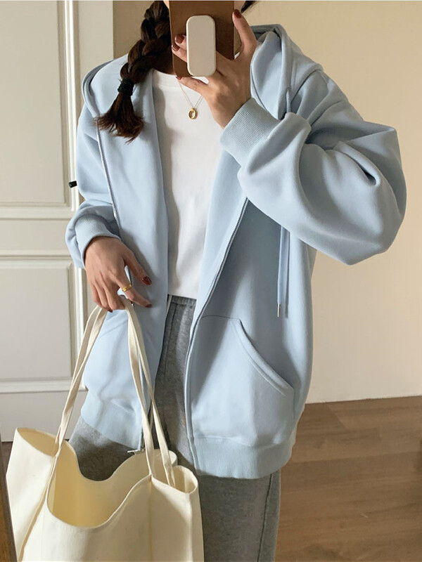 Korejski stil Proljeće Jesen Ženski kaput Ružičasti kardigan s kapuljačom i patentnim zatvaračem Lazy Style Ležerna svestrana jakna u fakultetskom stilu