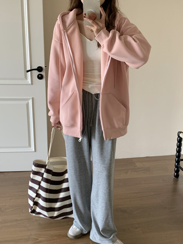 Korejski stil Proljeće Jesen Ženski kaput Ružičasti kardigan s kapuljačom i patentnim zatvaračem Lazy Style Ležerna svestrana jakna u fakultetskom stilu