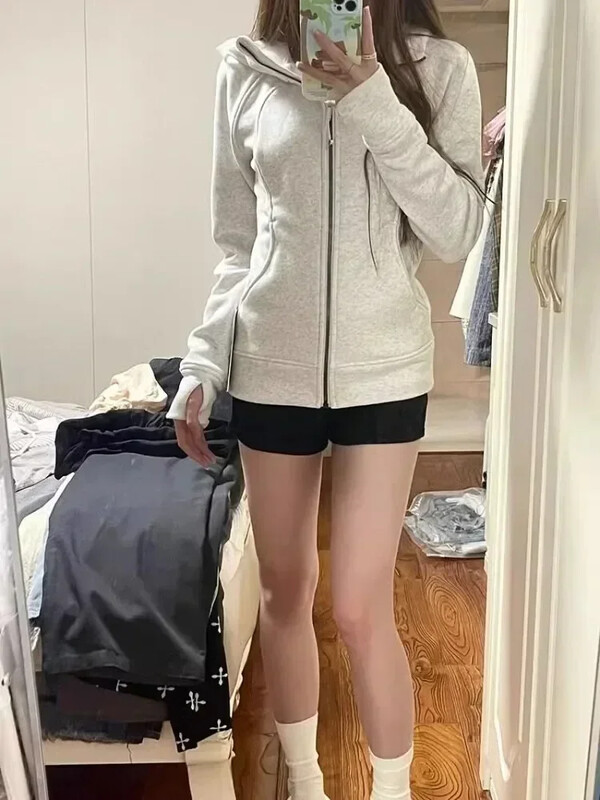 Deeptown American vintage kärbitud kapuutsiga naiste Korea stiilis tänavarõivad hall lukuga ülespoole kapuutsiga dressipluus vabaaja Y2k õhuke kapuutsiga särk