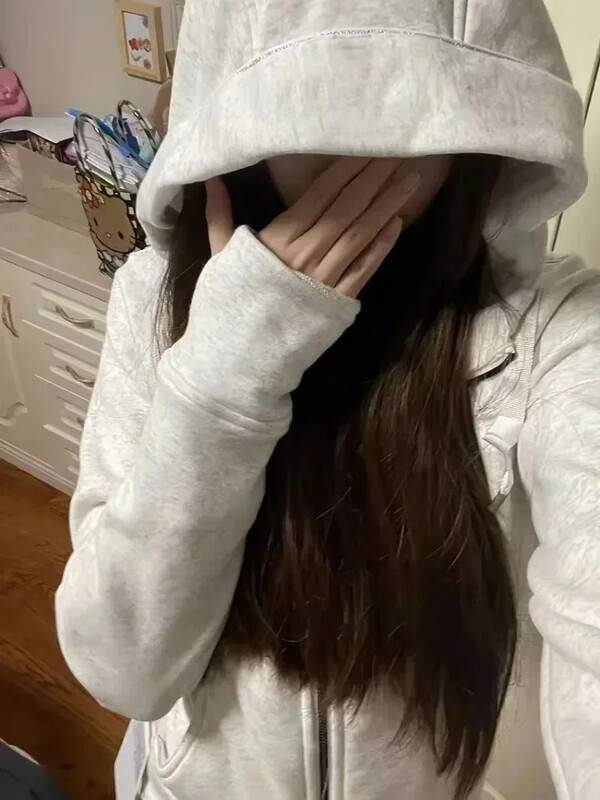 Deeptown American vintage kärbitud kapuutsiga naiste Korea stiilis tänavarõivad hall lukuga ülespoole kapuutsiga dressipluus vabaaja Y2k õhuke kapuutsiga särk