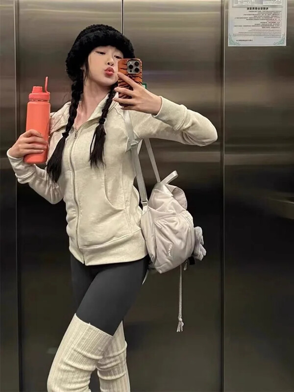 Deeptown American vintage kärbitud kapuutsiga naiste Korea stiilis tänavarõivad hall lukuga ülespoole kapuutsiga dressipluus vabaaja Y2k õhuke kapuutsiga särk