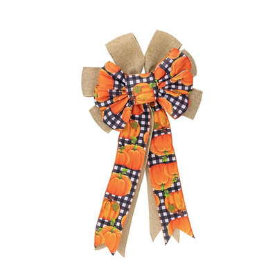 Coroană pentru ușa din față, frunze de dovleac, coroană de Ziua Recunoștinței, pentru copaci de la fermă, toamnă, pânză de pânză, toamnă, portocaliu, în carouri, decorare cu fundă