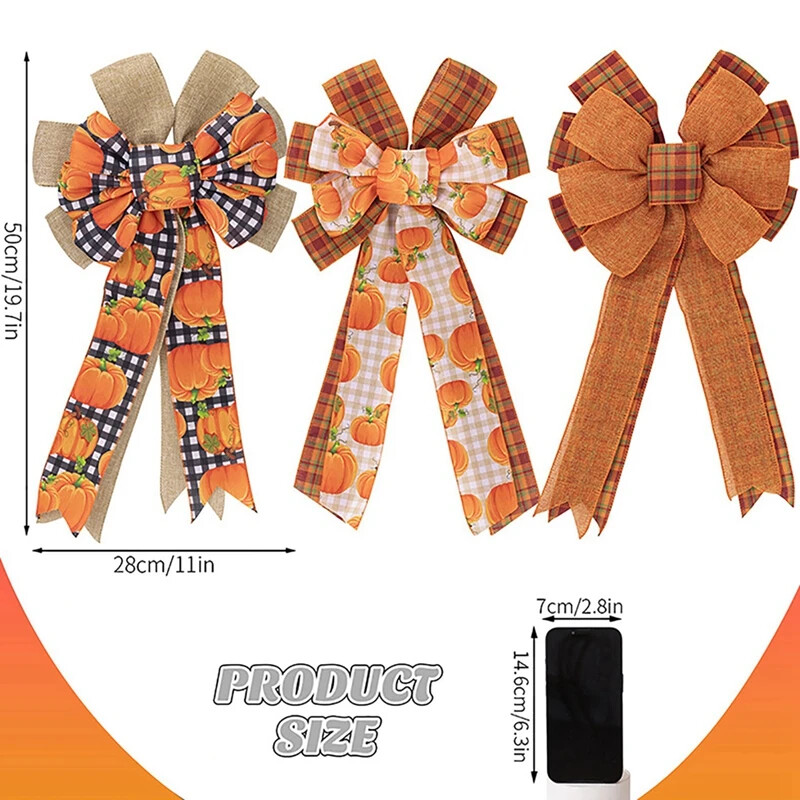 Coroană pentru ușa din față, frunze de dovleac, coroană de Ziua Recunoștinței, pentru copaci de la fermă, toamnă, pânză de pânză, toamnă, portocaliu, în carouri, decorare cu fundă