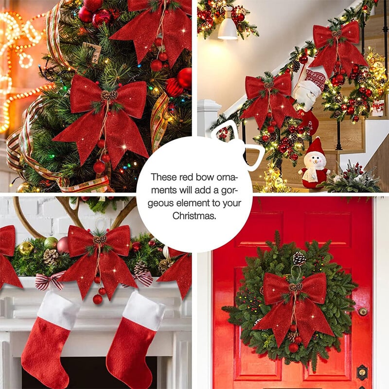 Decoratiuni de Crăciun cu fundă roșie de 30 cm Ornament de pandantiv pentru brad de Crăciun pentru decorațiuni interioare, petrecere de Anul Nou, 2025, accesorii pentru cadou DIY