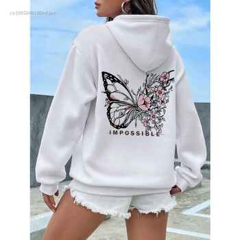 Hoodie Rose Butterfly Impossible Letter Graphic Print Γυναικεία φούτερ Μόδα Ζεστή κουκούλα Φαρδιά Casual Hoodies Fleece Soft