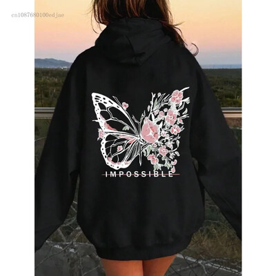 Hoodie Rose Butterfly Impossible Letter Graphic Print Γυναικεία φούτερ Μόδα Ζεστή κουκούλα Φαρδιά Casual Hoodies Fleece Soft