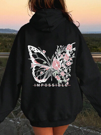 Hoodie Rose Butterfly Impossible Letter Graphic Print Γυναικεία φούτερ Μόδα Ζεστή κουκούλα Φαρδιά Casual Hoodies Fleece Soft