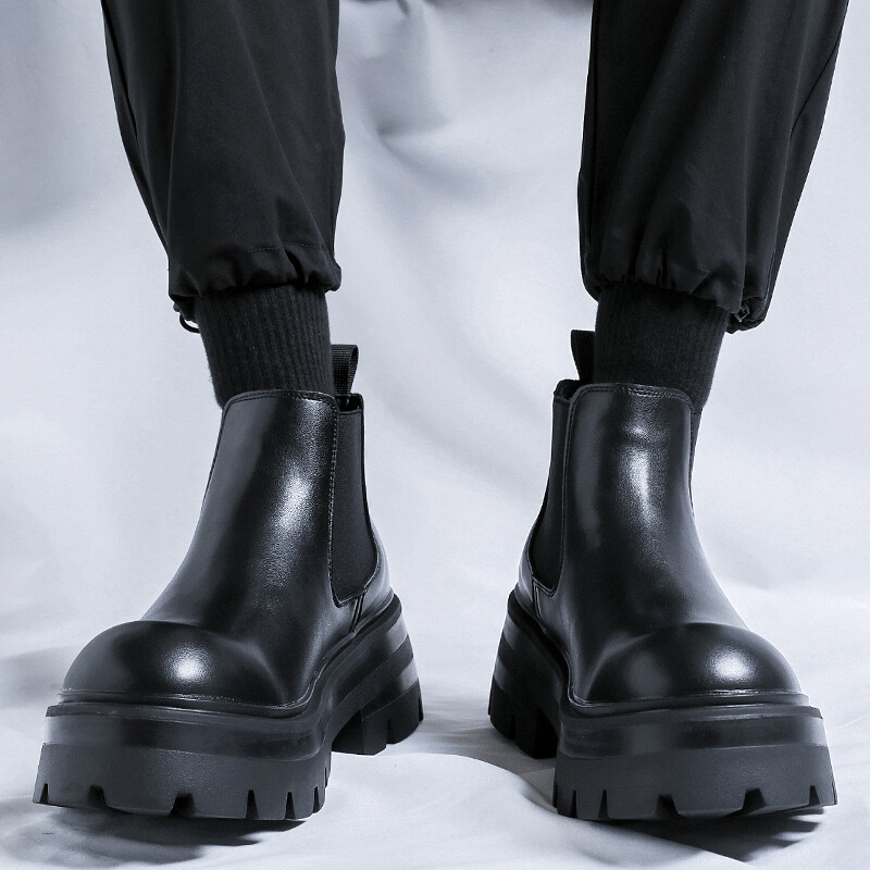 Itāļu Chelsea ikdienas ādas zābaki vīriešiem ar biezu apakšu pretslīdēšanas zābaki ar augstu augšējo augšdaļu Populāri, moderni, universāli ielas āra apavi