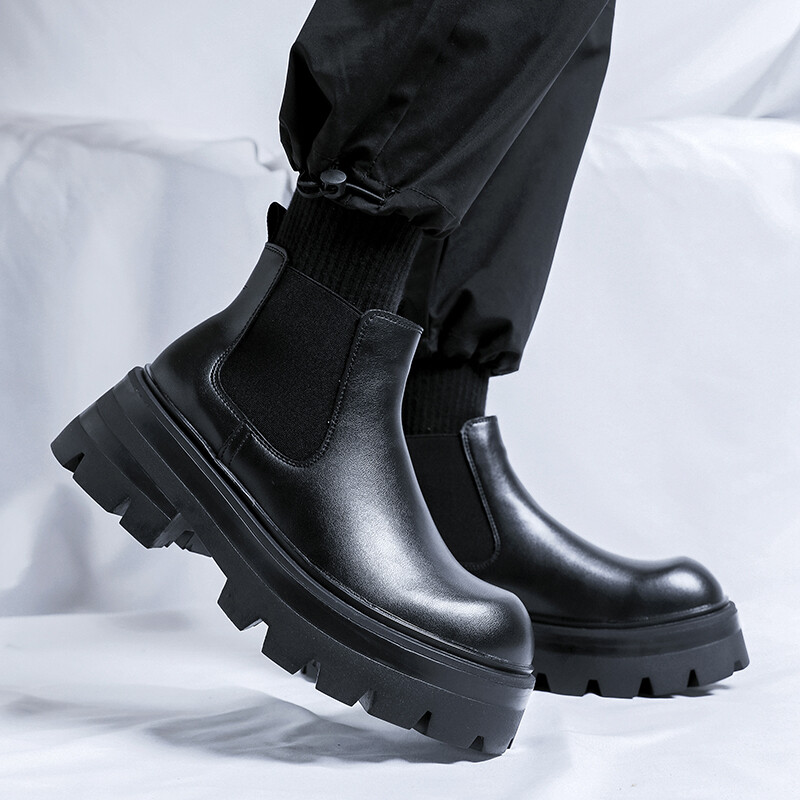 Itāļu Chelsea ikdienas ādas zābaki vīriešiem ar biezu apakšu pretslīdēšanas zābaki ar augstu augšējo augšdaļu Populāri, moderni, universāli ielas āra apavi