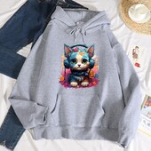 Hanorac cu glugă cu imprimeu de pisici, rece și colorat, pentru femei, hip hop, ocazional, hanorac cald la modă, toamnă, cu glugă, ocazional, fleece, versatil.