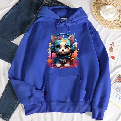 Hanorac cu glugă cu imprimeu de pisici, rece și colorat, pentru femei, hip hop, ocazional, hanorac cald la modă, toamnă, cu glugă, ocazional, fleece, versatil.