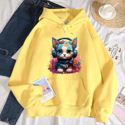 Hanorac cu glugă cu imprimeu de pisici, rece și colorat, pentru femei, hip hop, ocazional, hanorac cald la modă, toamnă, cu glugă, ocazional, fleece, versatil.