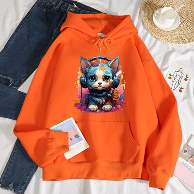 Hanorac cu glugă cu imprimeu de pisici, rece și colorat, pentru femei, hip hop, ocazional, hanorac cald la modă, toamnă, cu glugă, ocazional, fleece, versatil.