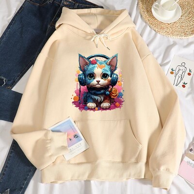 Hanorac cu glugă cu imprimeu de pisici, rece și colorat, pentru femei, hip hop, ocazional, hanorac cald la modă, toamnă, cu glugă, ocazional, fleece, versatil.