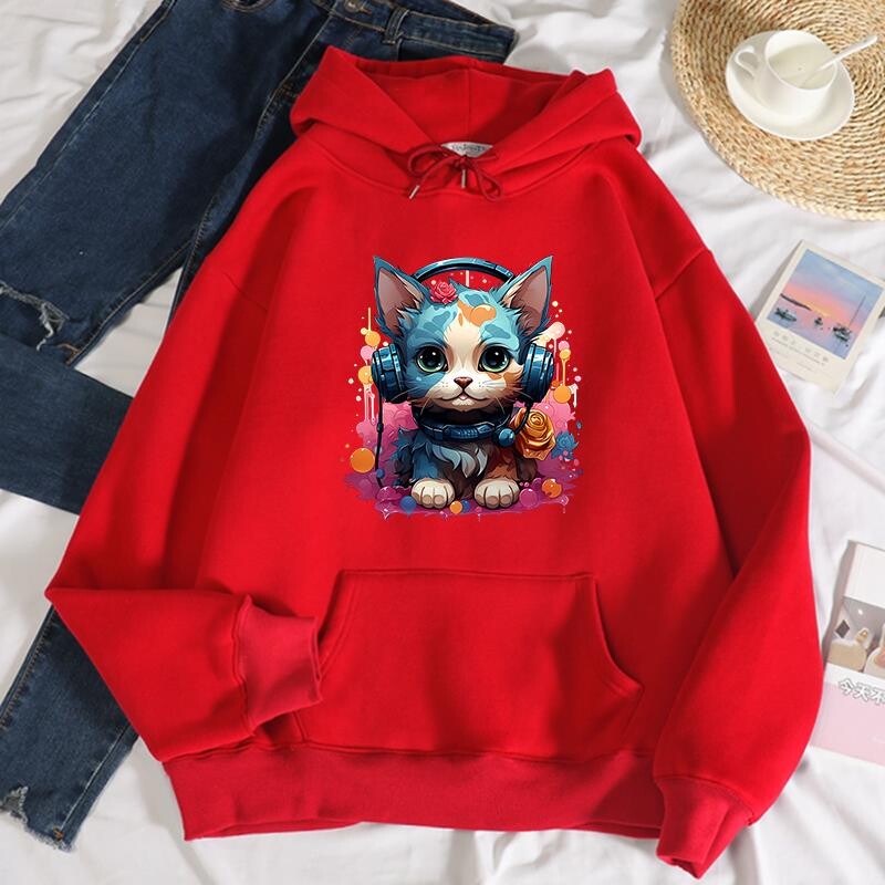 Hanorac cu glugă cu imprimeu de pisici, rece și colorat, pentru femei, hip hop, ocazional, hanorac cald la modă, toamnă, cu glugă, ocazional, fleece, versatil.