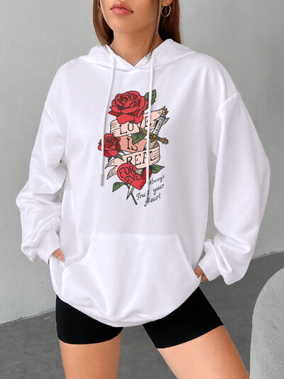 Alati kurnata oma südant Prinditud naiste dressipluus Moodne Suure suurusega kapuutsid Vabaaja karusnahast vooder Pullover Korea S-XXL naiste kapuuts
