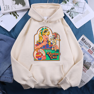 Dámska mikina s kapucňou s potlačou prvej voodoo bábiky The Girl's First Voodoo Doll, kreslené vintage mikiny, trendy priedušné mikiny, ideálne topy