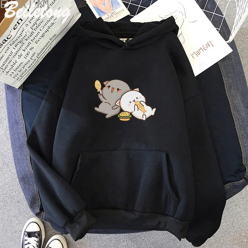 Persiku kaķa jauki, apdrukāti kapuciņi, sieviešu apģērbi, jauki drukas krekls ar garām piedurknēm lielizmēra pāra džemperis 2023. gada pavasara rudens anime topi