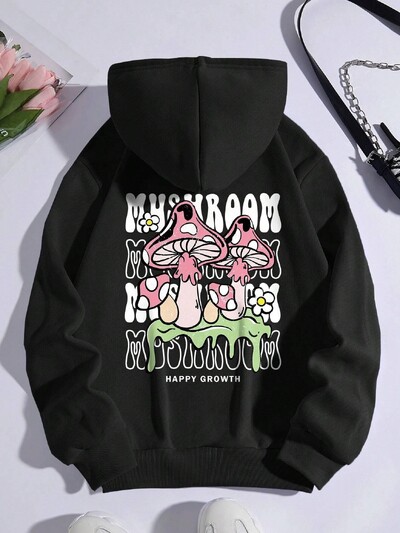 Mushroom Happy Growth burtu grafiskā apdruka Sieviešu kapuces Modes ikdienas kapuci Hip Hop S-XXL Hoody rudens flīsa sporta apģērbi