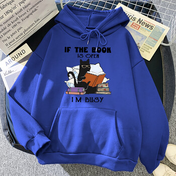 If The Book Is Open I\'m Busy Black Cat Hoody Дамски ежедневни суичъри с кръгло деколте Модни широки дрехи Пуловер от полар