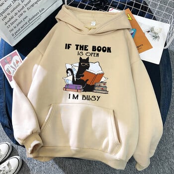 If The Book Is Open I\'m Busy Black Cat Hoody Дамски ежедневни суичъри с кръгло деколте Модни широки дрехи Пуловер от полар