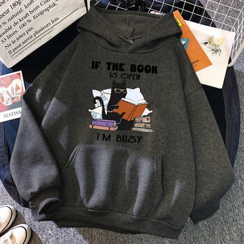 If The Book Is Open I\'m Busy Black Cat Hoody Дамски ежедневни суичъри с кръгло деколте Модни широки дрехи Пуловер от полар