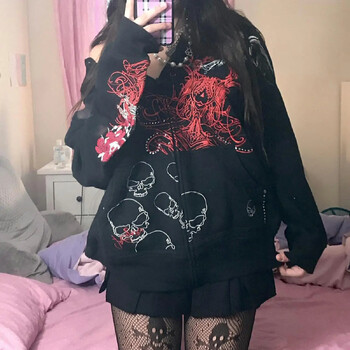 Combhasaki Women Y2K Vintage Grunge Gothic Loose Coat Long Sleeve Skull Print Sweatshirt Outwear with Pocket Jacket with Zipper