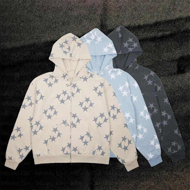 Y2K Αισθητικά Grunge Hoodies για γυναίκες Vintage Star Print Φούτερ με μακρυμάνικο φερμουάρ Φθινοπωρινά εξωτερικά ρούχα