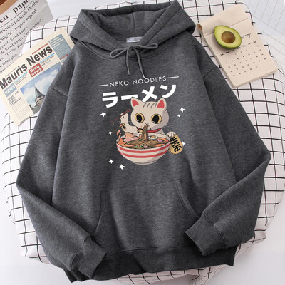 Harajuku Cat Neko Nuudlid Ramen Disain Naiste Pulloverid Täielikud Tänavakapuutsid Hip Hop Fliisist kapuuts Sügismood Spordirõivad