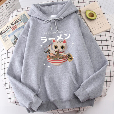 Harajuku Cat Neko Nuudlid Ramen Disain Naiste Pulloverid Täielikud Tänavakapuutsid Hip Hop Fliisist kapuuts Sügismood Spordirõivad
