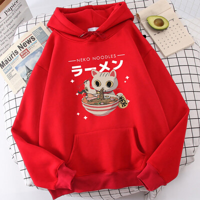Harajuku Cat Neko Nuudlid Ramen Disain Naiste Pulloverid Täielikud Tänavakapuutsid Hip Hop Fliisist kapuuts Sügismood Spordirõivad