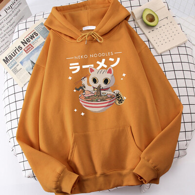 Harajuku Cat Neko Nuudlid Ramen Disain Naiste Pulloverid Täielikud Tänavakapuutsid Hip Hop Fliisist kapuuts Sügismood Spordirõivad