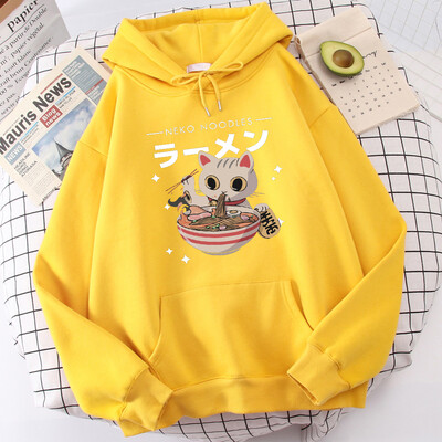Harajuku Cat Neko Nuudlid Ramen Disain Naiste Pulloverid Täielikud Tänavakapuutsid Hip Hop Fliisist kapuuts Sügismood Spordirõivad