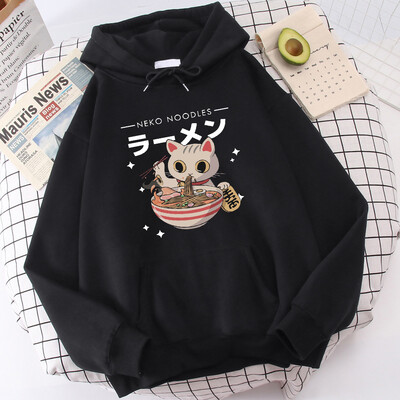Harajuku Cat Neko Nuudlid Ramen Disain Naiste Pulloverid Täielikud Tänavakapuutsid Hip Hop Fliisist kapuuts Sügismood Spordirõivad