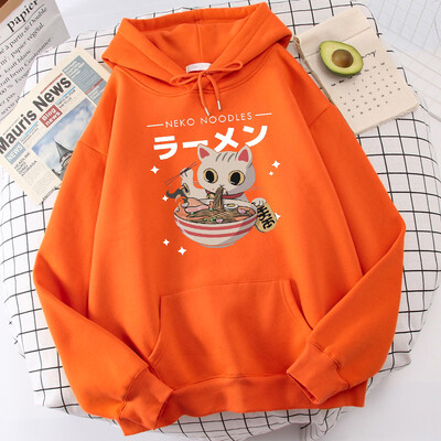 Harajuku Cat Neko Nuudlid Ramen Disain Naiste Pulloverid Täielikud Tänavakapuutsid Hip Hop Fliisist kapuuts Sügismood Spordirõivad