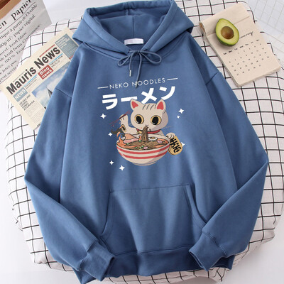 Harajuku Cat Neko Nuudlid Ramen Disain Naiste Pulloverid Täielikud Tänavakapuutsid Hip Hop Fliisist kapuuts Sügismood Spordirõivad